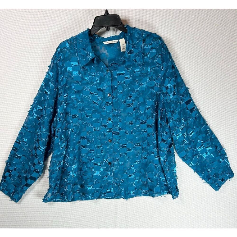 French Laundry Woman 2X Teal Textured Sheer Button-Up Blouse Boho Chic Top